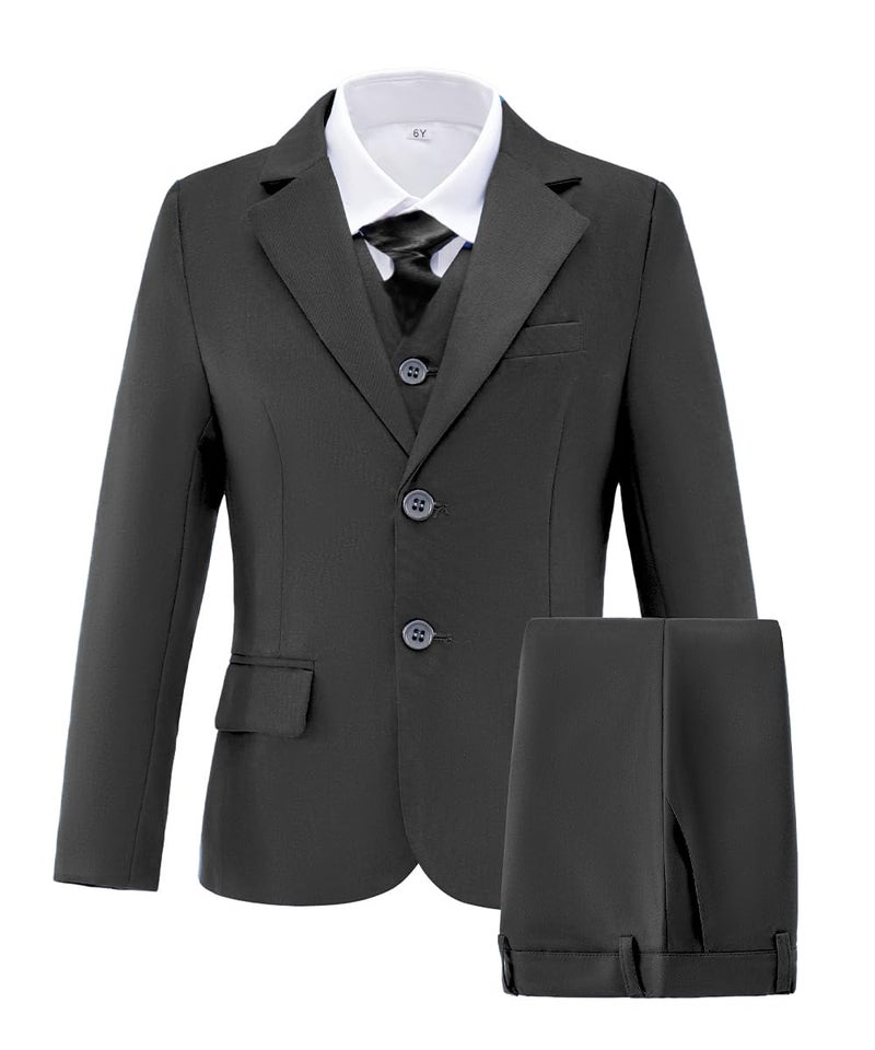 Addneo Boy's Silm Fit Formal Suits 5 Piece with Shirt and Vest, Dark Gray 5pc (Black Tie), 14 - Image 3